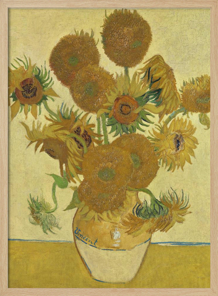 A framed reproduction of Vincent van Gogh's famous 'Sunflowers' painting. It depicts a rustic earthenware vase filled with a bouquet of sunflowers in various stages of life, from full bloom to wilting. The painting is characterized by its vibrant yellow and brown tones and thick, expressive brushstrokes, signature to the post-impressionist style. The artist's name, 'Vincent', is signed on the vase. Decor