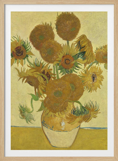 A framed reproduction of Vincent van Gogh's famous 'Sunflowers' painting. It depicts a rustic earthenware vase filled with a bouquet of sunflowers in various stages of life, from full bloom to wilting. The painting is characterized by its vibrant yellow and brown tones and thick, expressive brushstrokes, signature to the post-impressionist style. The artist's name, 'Vincent', is signed on the vase. Decor