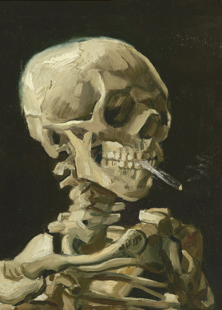 A classic oil painting depicting a human skeleton from the chest up against a stark black background. The skeleton holds a lit cigarette between its teeth, rendered in expressive brushstrokes of beige, white, and brown. Poster