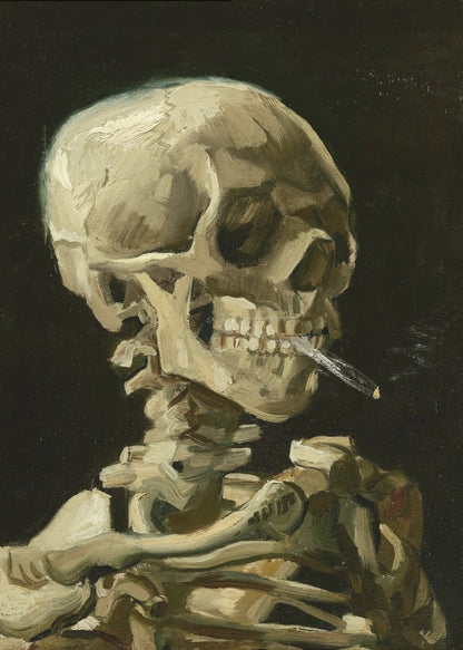 A classic oil painting depicting a human skeleton from the chest up against a stark black background. The skeleton holds a lit cigarette between its teeth, rendered in expressive brushstrokes of beige, white, and brown. Poster