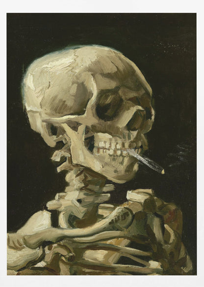 A classic oil painting depicting a human skeleton from the chest up against a stark black background. The skeleton holds a lit cigarette between its teeth, rendered in expressive brushstrokes of beige, white, and brown. Poster