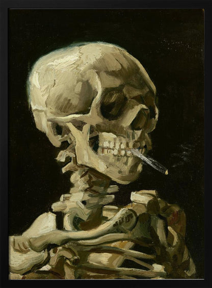 A classic oil painting depicting a human skeleton from the chest up against a stark black background. The skeleton holds a lit cigarette between its teeth, rendered in expressive brushstrokes of beige, white, and brown. Poster