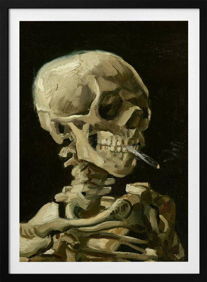 A classic oil painting depicting a human skeleton from the chest up against a stark black background. The skeleton holds a lit cigarette between its teeth, rendered in expressive brushstrokes of beige, white, and brown. Poster