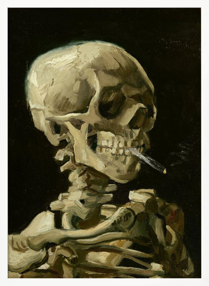 A classic oil painting depicting a human skeleton from the chest up against a stark black background. The skeleton holds a lit cigarette between its teeth, rendered in expressive brushstrokes of beige, white, and brown. Poster
