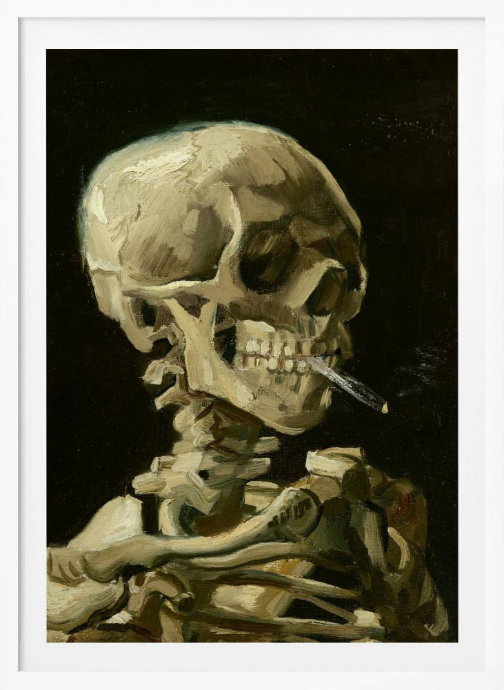 A classic oil painting depicting a human skeleton from the chest up against a stark black background. The skeleton holds a lit cigarette between its teeth, rendered in expressive brushstrokes of beige, white, and brown. Poster