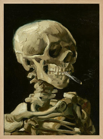 A classic oil painting depicting a human skeleton from the chest up against a stark black background. The skeleton holds a lit cigarette between its teeth, rendered in expressive brushstrokes of beige, white, and brown. Poster