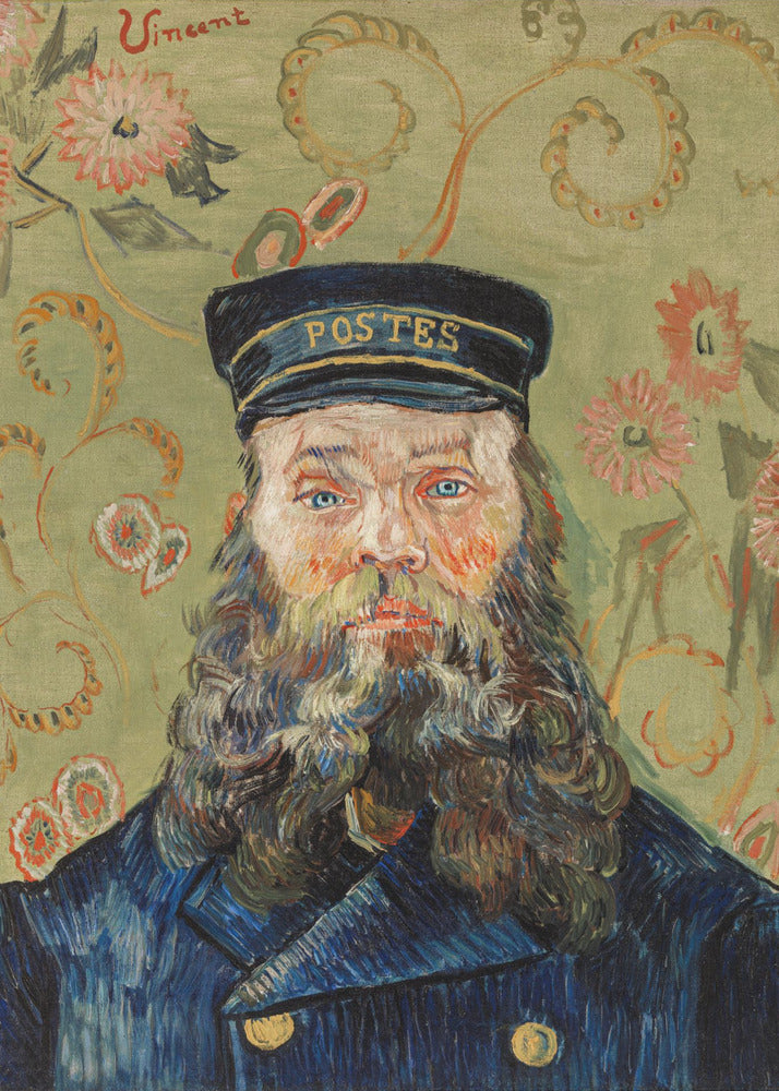 A post-impressionist portrait painting by Vincent van Gogh of the postman Joseph Roulin. He has a full beard, blue eyes, and wears a blue uniform and cap against a patterned green and yellow floral background. The artist's signature 'Vincent' is in the top left corner. Wall Art