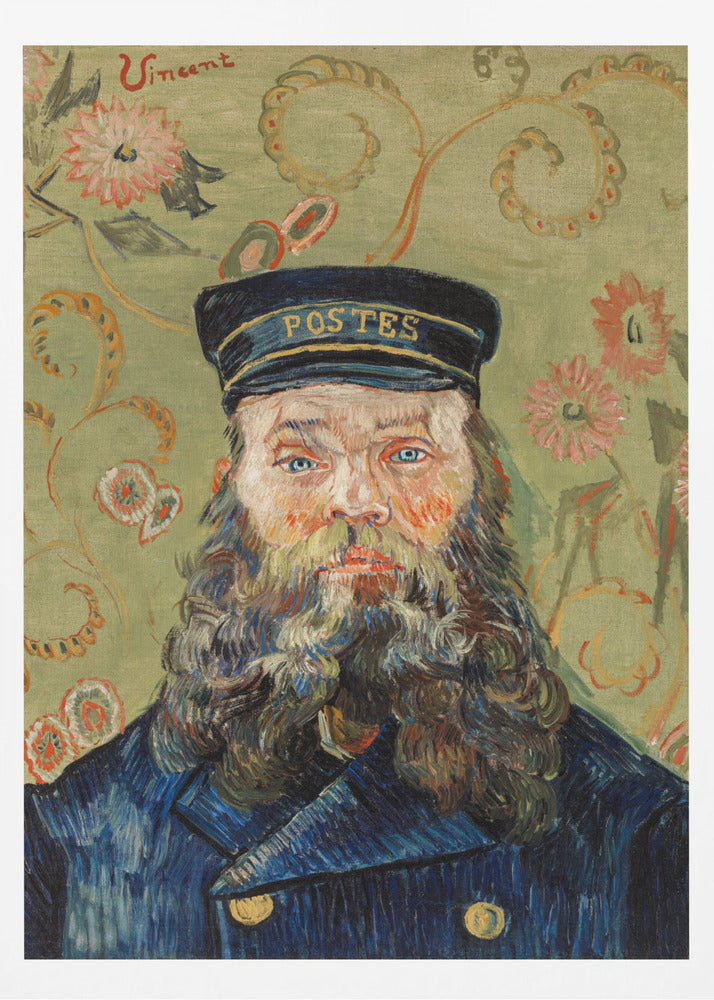 A post-impressionist portrait painting by Vincent van Gogh of the postman Joseph Roulin. He has a full beard, blue eyes, and wears a blue uniform and cap against a patterned green and yellow floral background. The artist's signature 'Vincent' is in the top left corner. Wall Art