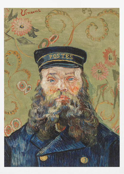 A post-impressionist portrait painting by Vincent van Gogh of the postman Joseph Roulin. He has a full beard, blue eyes, and wears a blue uniform and cap against a patterned green and yellow floral background. The artist's signature 'Vincent' is in the top left corner. Wall Art