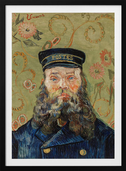 A post-impressionist portrait painting by Vincent van Gogh of the postman Joseph Roulin. He has a full beard, blue eyes, and wears a blue uniform and cap against a patterned green and yellow floral background. The artist's signature 'Vincent' is in the top left corner. Wall Art