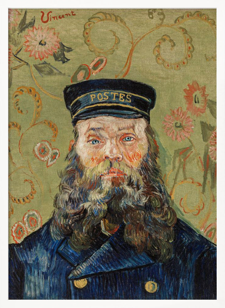 A post-impressionist portrait painting by Vincent van Gogh of the postman Joseph Roulin. He has a full beard, blue eyes, and wears a blue uniform and cap against a patterned green and yellow floral background. The artist's signature 'Vincent' is in the top left corner. Wall Art