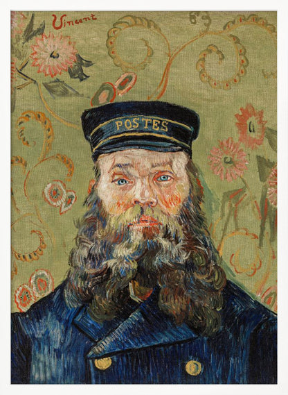 A post-impressionist portrait painting by Vincent van Gogh of the postman Joseph Roulin. He has a full beard, blue eyes, and wears a blue uniform and cap against a patterned green and yellow floral background. The artist's signature 'Vincent' is in the top left corner. Wall Art