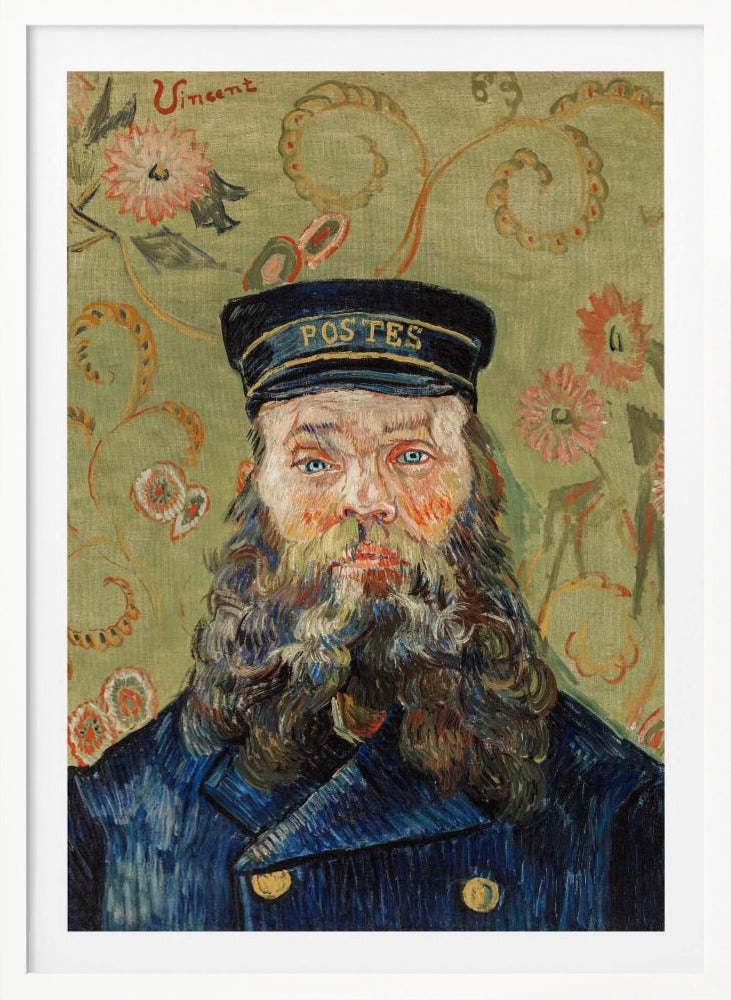 A post-impressionist portrait painting by Vincent van Gogh of the postman Joseph Roulin. He has a full beard, blue eyes, and wears a blue uniform and cap against a patterned green and yellow floral background. The artist's signature 'Vincent' is in the top left corner. Wall Art