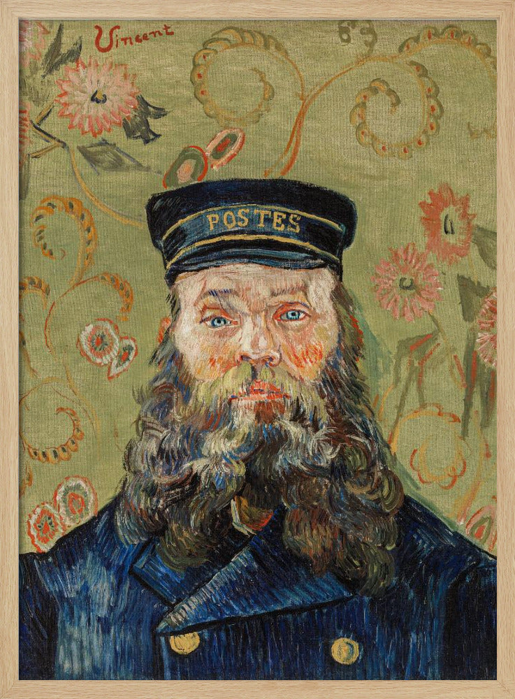 A post-impressionist portrait painting by Vincent van Gogh of the postman Joseph Roulin. He has a full beard, blue eyes, and wears a blue uniform and cap against a patterned green and yellow floral background. The artist's signature 'Vincent' is in the top left corner. Wall Art