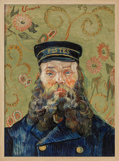A post-impressionist portrait painting by Vincent van Gogh of the postman Joseph Roulin. He has a full beard, blue eyes, and wears a blue uniform and cap against a patterned green and yellow floral background. The artist's signature 'Vincent' is in the top left corner. Wall Art