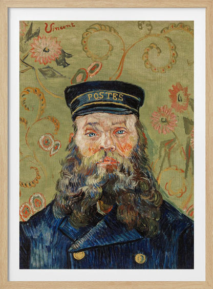 A post-impressionist portrait painting by Vincent van Gogh of the postman Joseph Roulin. He has a full beard, blue eyes, and wears a blue uniform and cap against a patterned green and yellow floral background. The artist's signature 'Vincent' is in the top left corner. Wall Art