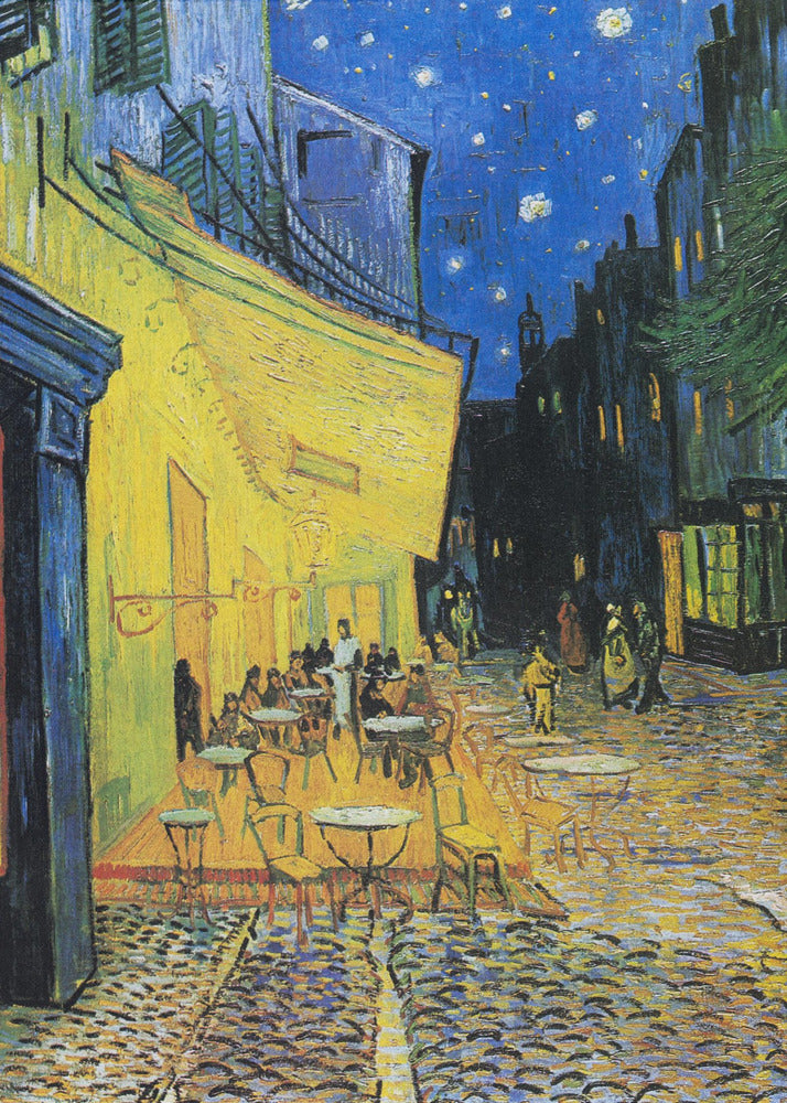 Vincent van Gogh's famous post-impressionist painting, 'Café Terrace at Night,' depicting a brightly illuminated yellow café with outdoor seating on a cobblestone street under a starry deep blue sky. Print