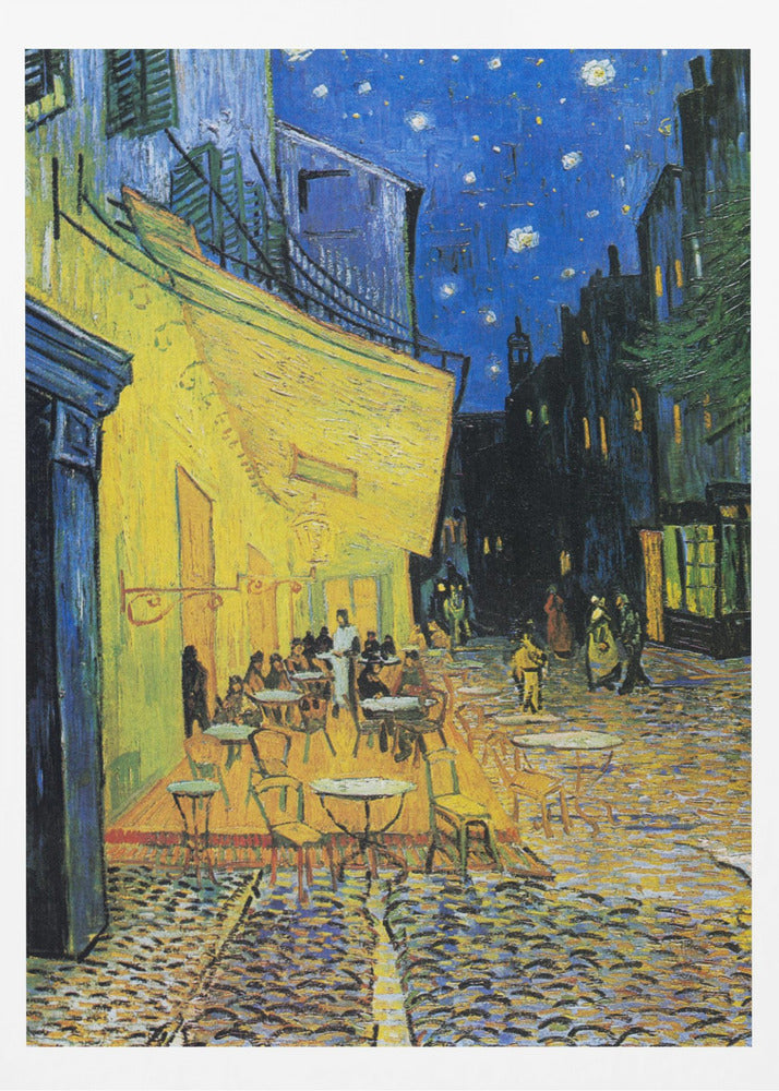 Vincent van Gogh's famous post-impressionist painting, 'Café Terrace at Night,' depicting a brightly illuminated yellow café with outdoor seating on a cobblestone street under a starry deep blue sky. Print