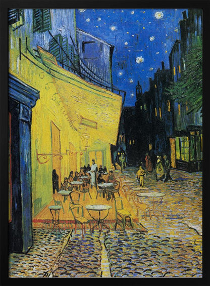 Vincent van Gogh's famous post-impressionist painting, 'Café Terrace at Night,' depicting a brightly illuminated yellow café with outdoor seating on a cobblestone street under a starry deep blue sky. Print