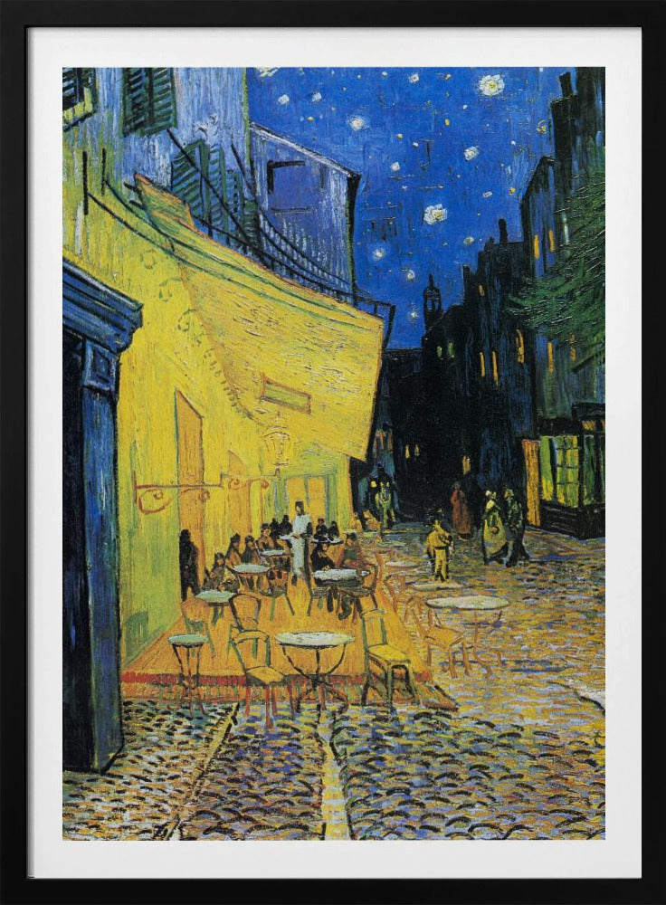 Vincent van Gogh's famous post-impressionist painting, 'Café Terrace at Night,' depicting a brightly illuminated yellow café with outdoor seating on a cobblestone street under a starry deep blue sky. Print