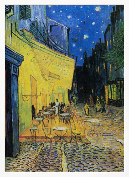 Vincent van Gogh's famous post-impressionist painting, 'Café Terrace at Night,' depicting a brightly illuminated yellow café with outdoor seating on a cobblestone street under a starry deep blue sky. Print