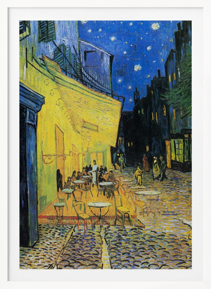 Vincent van Gogh's famous post-impressionist painting, 'Café Terrace at Night,' depicting a brightly illuminated yellow café with outdoor seating on a cobblestone street under a starry deep blue sky. Print