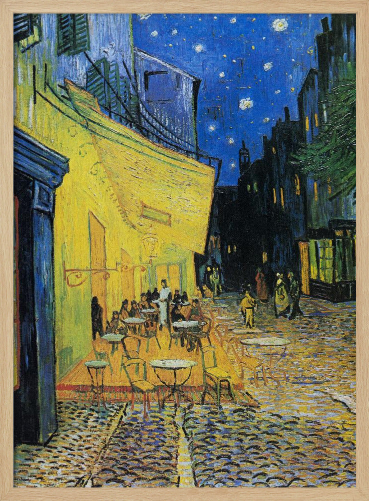 Vincent van Gogh's famous post-impressionist painting, 'Café Terrace at Night,' depicting a brightly illuminated yellow café with outdoor seating on a cobblestone street under a starry deep blue sky. Print
