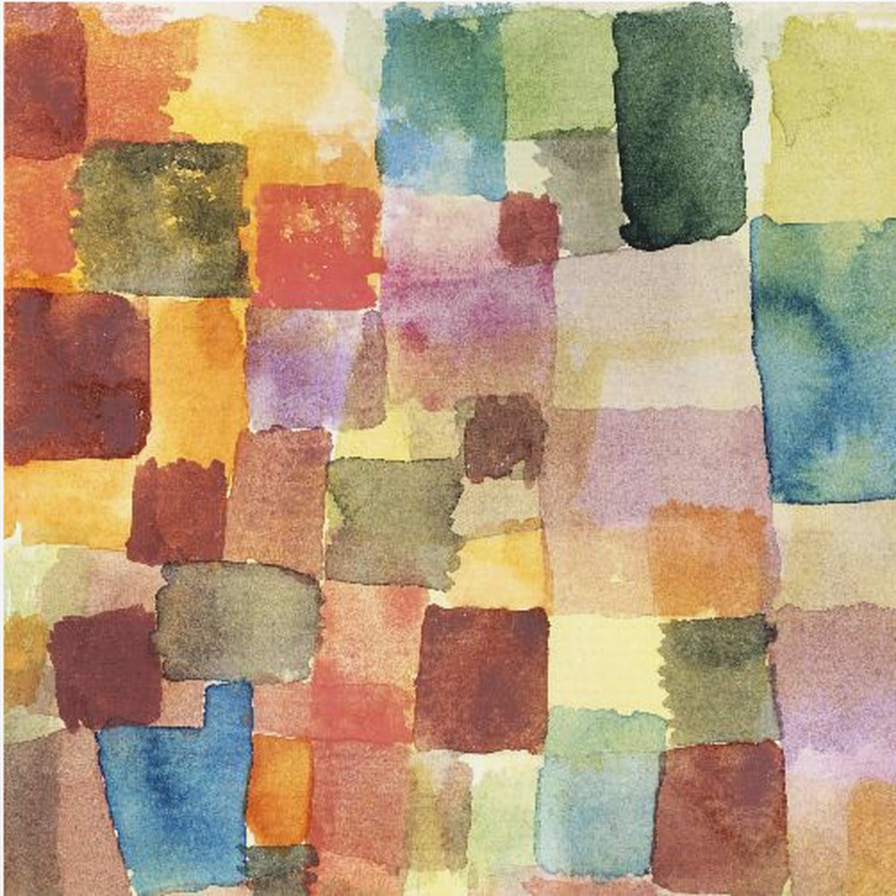 A framed abstract watercolor painting featuring a grid of overlapping, hand-painted squares in various colors. The palette is rich with warm tones of red, orange, and yellow, balanced with cooler shades of green, blue, and purple, creating a mosaic-like composition. Print
