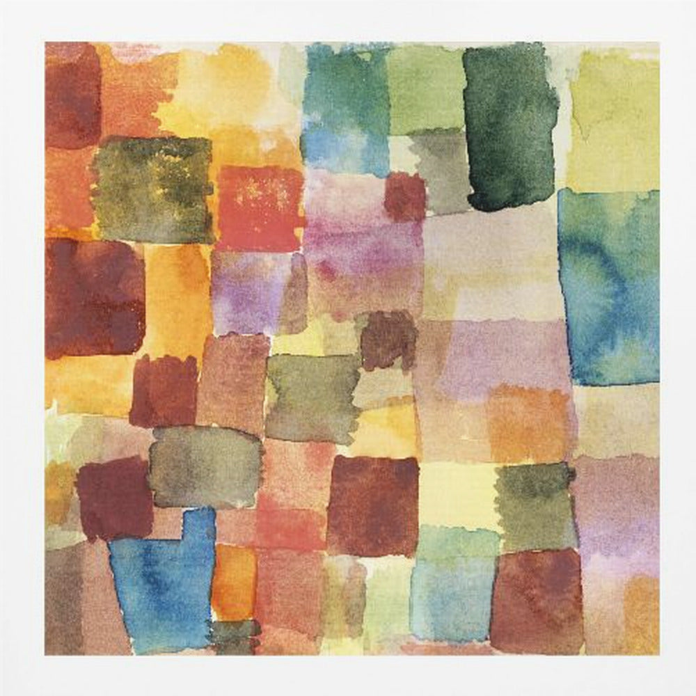 A framed abstract watercolor painting featuring a grid of overlapping, hand-painted squares in various colors. The palette is rich with warm tones of red, orange, and yellow, balanced with cooler shades of green, blue, and purple, creating a mosaic-like composition. Print