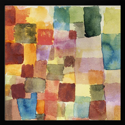 A framed abstract watercolor painting featuring a grid of overlapping, hand-painted squares in various colors. The palette is rich with warm tones of red, orange, and yellow, balanced with cooler shades of green, blue, and purple, creating a mosaic-like composition. Print