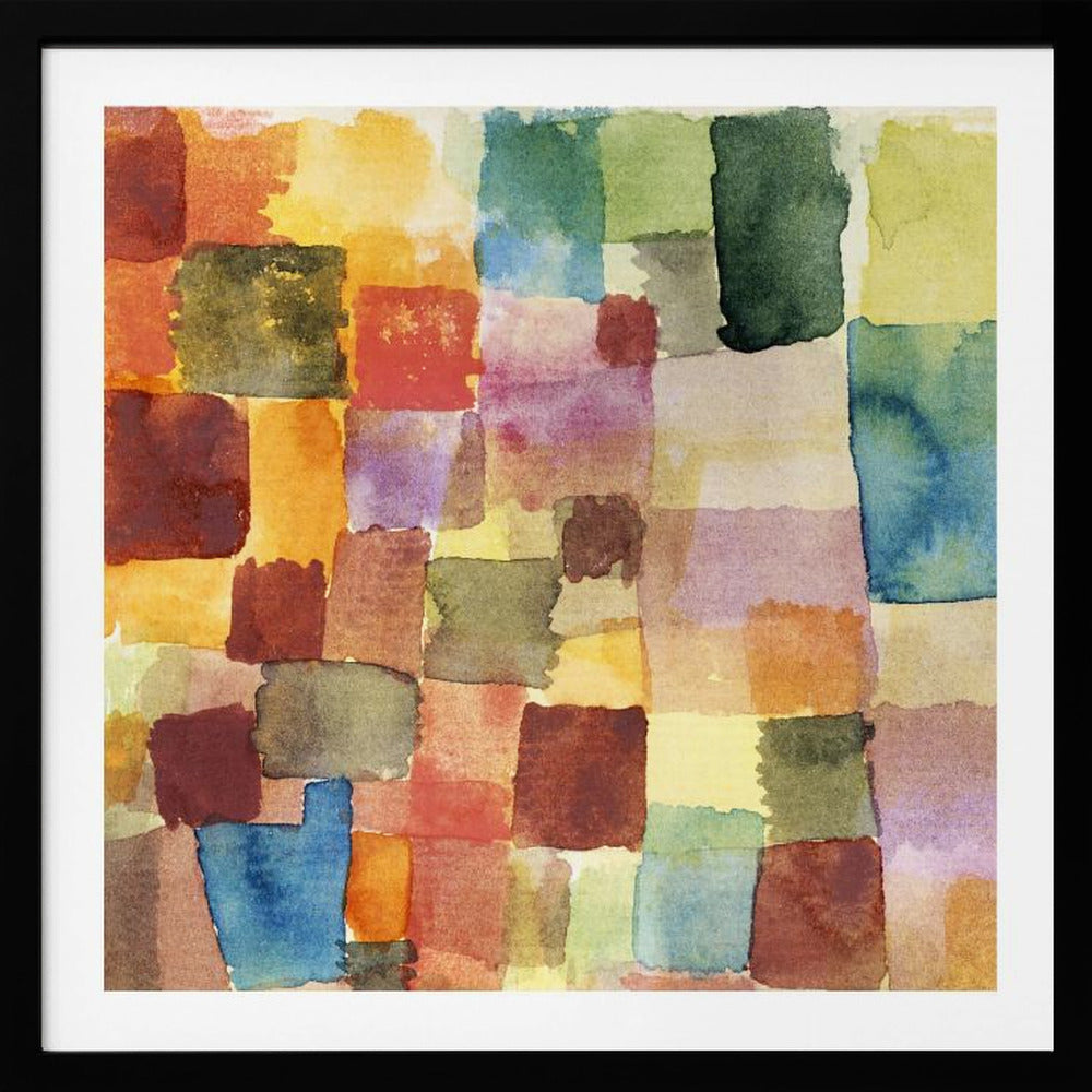 A framed abstract watercolor painting featuring a grid of overlapping, hand-painted squares in various colors. The palette is rich with warm tones of red, orange, and yellow, balanced with cooler shades of green, blue, and purple, creating a mosaic-like composition. Print