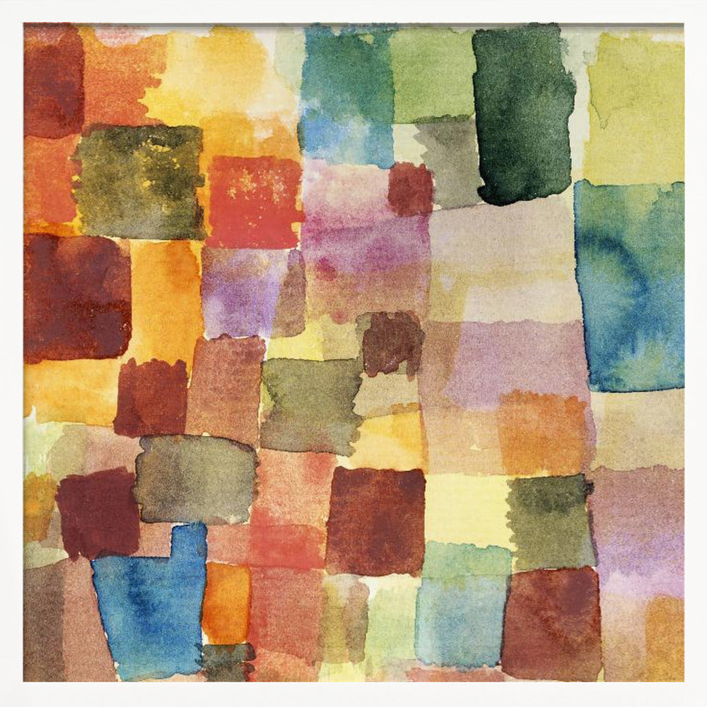 A framed abstract watercolor painting featuring a grid of overlapping, hand-painted squares in various colors. The palette is rich with warm tones of red, orange, and yellow, balanced with cooler shades of green, blue, and purple, creating a mosaic-like composition. Print