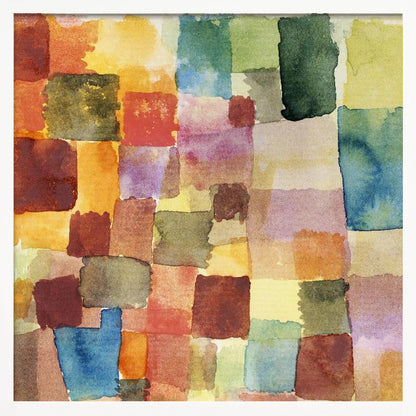 A framed abstract watercolor painting featuring a grid of overlapping, hand-painted squares in various colors. The palette is rich with warm tones of red, orange, and yellow, balanced with cooler shades of green, blue, and purple, creating a mosaic-like composition. Print
