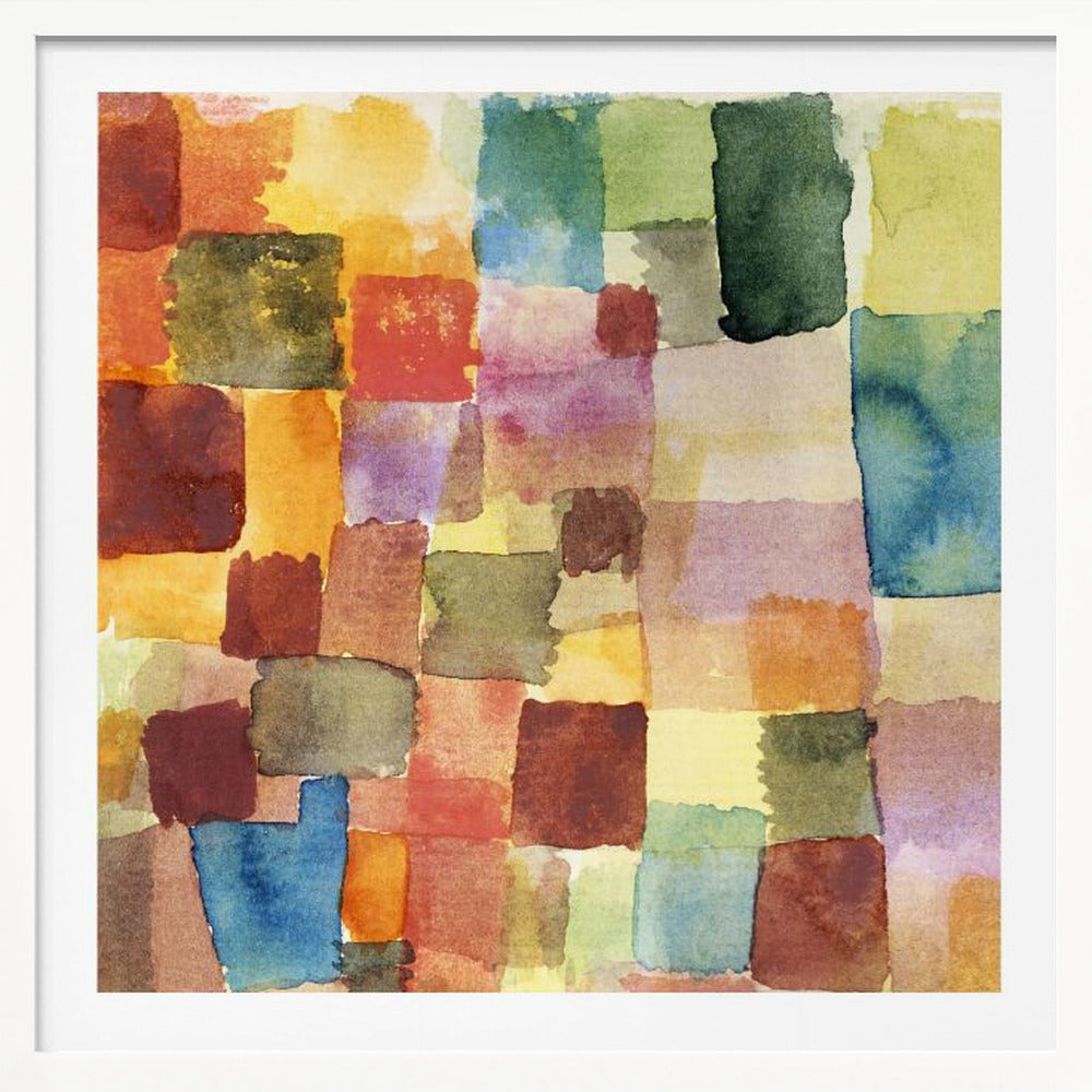 A framed abstract watercolor painting featuring a grid of overlapping, hand-painted squares in various colors. The palette is rich with warm tones of red, orange, and yellow, balanced with cooler shades of green, blue, and purple, creating a mosaic-like composition. Print