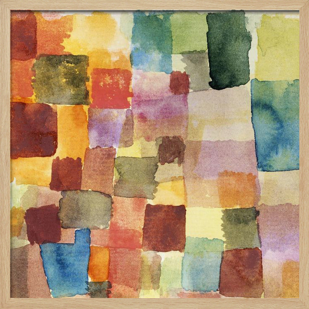 A framed abstract watercolor painting featuring a grid of overlapping, hand-painted squares in various colors. The palette is rich with warm tones of red, orange, and yellow, balanced with cooler shades of green, blue, and purple, creating a mosaic-like composition. Print