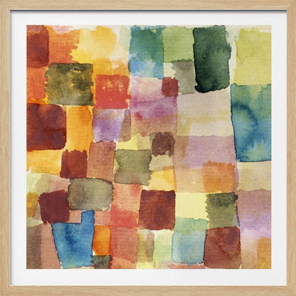 A framed abstract watercolor painting featuring a grid of overlapping, hand-painted squares in various colors. The palette is rich with warm tones of red, orange, and yellow, balanced with cooler shades of green, blue, and purple, creating a mosaic-like composition. Print
