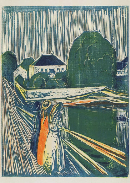 A vintage woodcut print by Edvard Munch titled 'The Girls on the Bridge,' depicting three women standing on a pier in an expressionist style. The artwork uses a palette of deep blues, greens, and cream, with a bold orange dress on one figure, set against a backdrop of houses and a sky with dramatic vertical lines. Wall Art