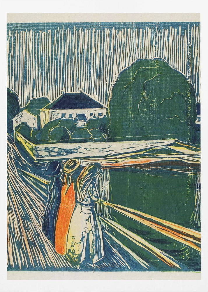 A vintage woodcut print by Edvard Munch titled 'The Girls on the Bridge,' depicting three women standing on a pier in an expressionist style. The artwork uses a palette of deep blues, greens, and cream, with a bold orange dress on one figure, set against a backdrop of houses and a sky with dramatic vertical lines. Wall Art