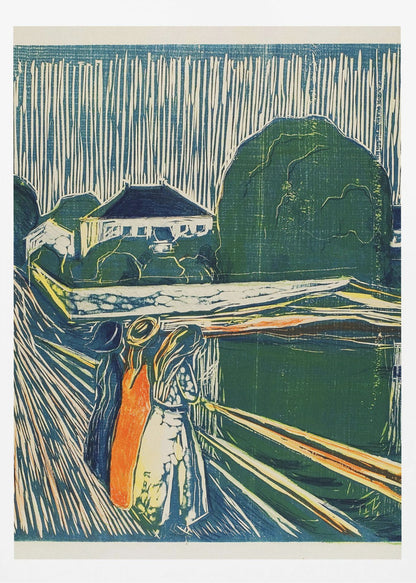 A vintage woodcut print by Edvard Munch titled 'The Girls on the Bridge,' depicting three women standing on a pier in an expressionist style. The artwork uses a palette of deep blues, greens, and cream, with a bold orange dress on one figure, set against a backdrop of houses and a sky with dramatic vertical lines. Wall Art