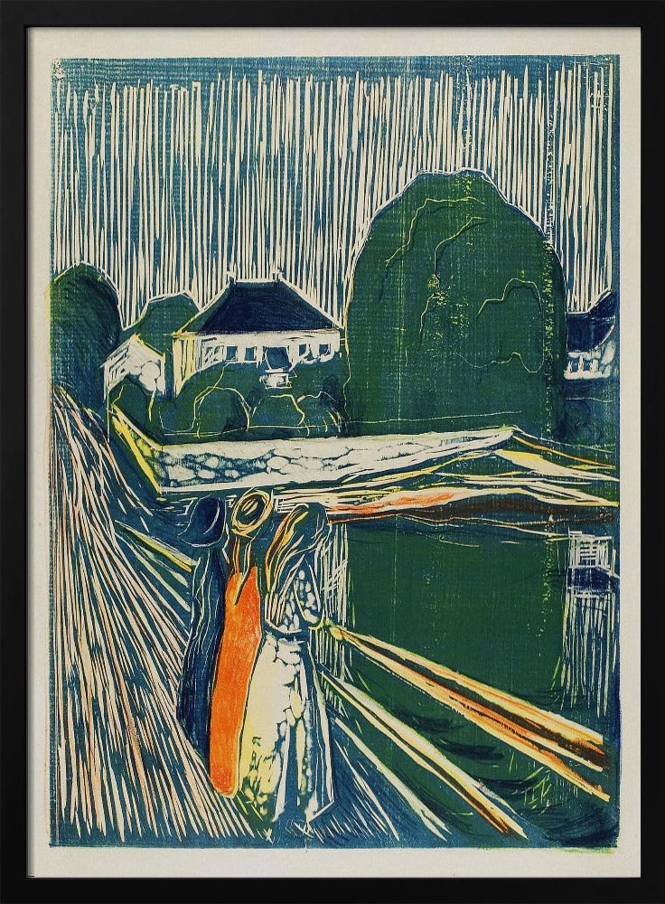 A vintage woodcut print by Edvard Munch titled 'The Girls on the Bridge,' depicting three women standing on a pier in an expressionist style. The artwork uses a palette of deep blues, greens, and cream, with a bold orange dress on one figure, set against a backdrop of houses and a sky with dramatic vertical lines. Wall Art