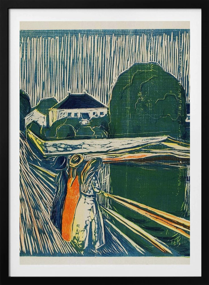 A vintage woodcut print by Edvard Munch titled 'The Girls on the Bridge,' depicting three women standing on a pier in an expressionist style. The artwork uses a palette of deep blues, greens, and cream, with a bold orange dress on one figure, set against a backdrop of houses and a sky with dramatic vertical lines. Wall Art