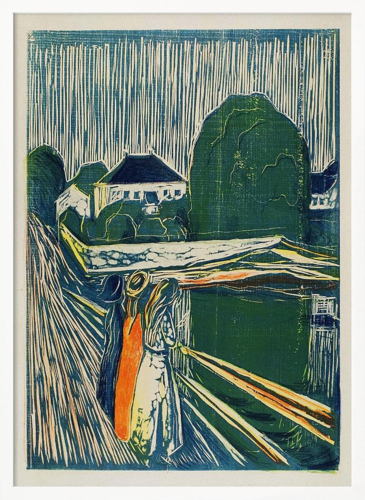 A vintage woodcut print by Edvard Munch titled 'The Girls on the Bridge,' depicting three women standing on a pier in an expressionist style. The artwork uses a palette of deep blues, greens, and cream, with a bold orange dress on one figure, set against a backdrop of houses and a sky with dramatic vertical lines. Wall Art
