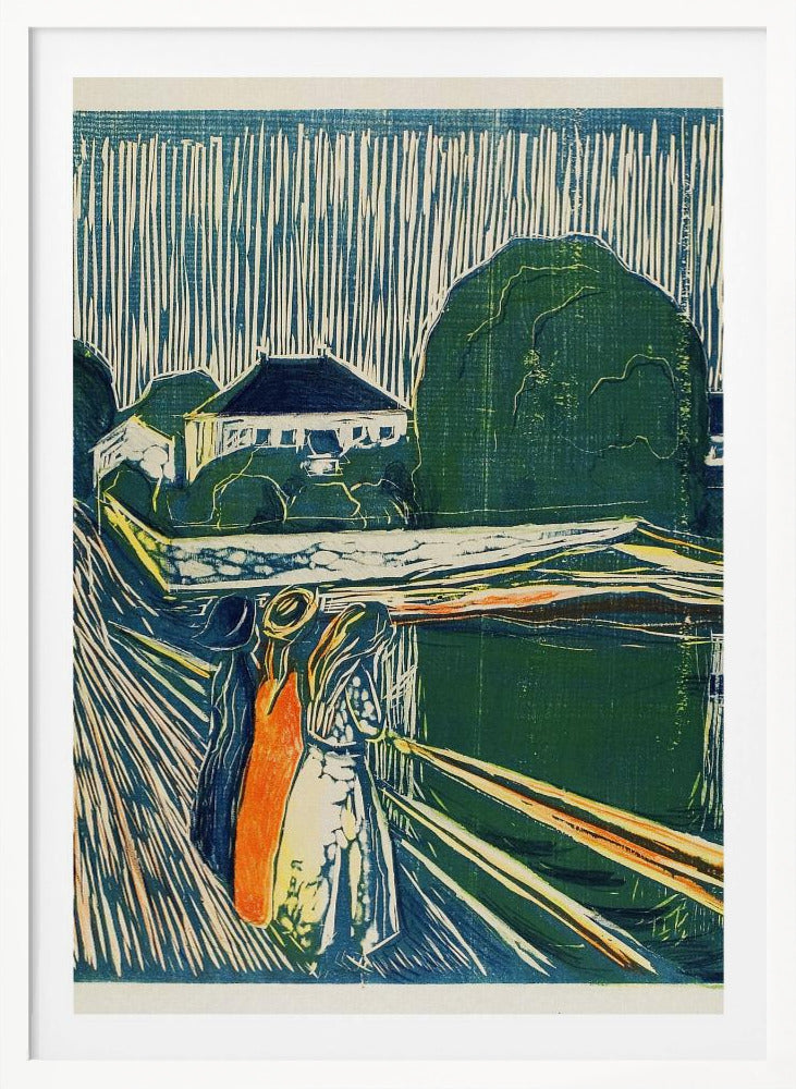 A vintage woodcut print by Edvard Munch titled 'The Girls on the Bridge,' depicting three women standing on a pier in an expressionist style. The artwork uses a palette of deep blues, greens, and cream, with a bold orange dress on one figure, set against a backdrop of houses and a sky with dramatic vertical lines. Wall Art