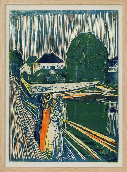 A vintage woodcut print by Edvard Munch titled 'The Girls on the Bridge,' depicting three women standing on a pier in an expressionist style. The artwork uses a palette of deep blues, greens, and cream, with a bold orange dress on one figure, set against a backdrop of houses and a sky with dramatic vertical lines. Wall Art
