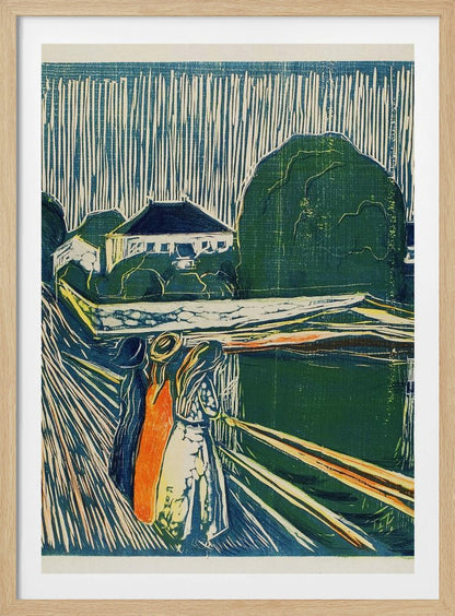 A vintage woodcut print by Edvard Munch titled 'The Girls on the Bridge,' depicting three women standing on a pier in an expressionist style. The artwork uses a palette of deep blues, greens, and cream, with a bold orange dress on one figure, set against a backdrop of houses and a sky with dramatic vertical lines. Wall Art