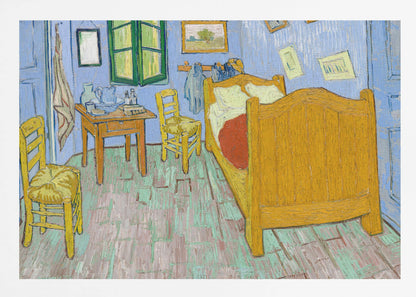 Vincent van Gogh's famous painting, 'The Bedroom,' depicting his room in Arles. The artwork, characterized by bold colors and expressive brushstrokes, features a yellow wooden bed, chairs, a small table against light blue walls, and a green-shuttered window. The painting is displayed in a simple silver frame. Decor