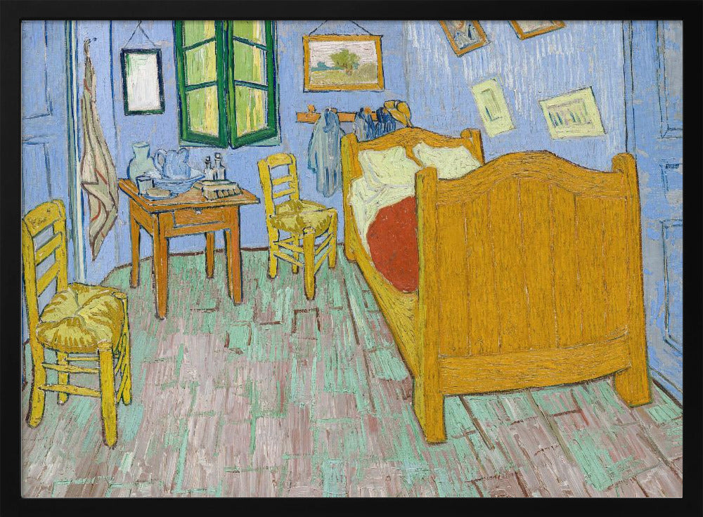 Vincent van Gogh's famous painting, 'The Bedroom,' depicting his room in Arles. The artwork, characterized by bold colors and expressive brushstrokes, features a yellow wooden bed, chairs, a small table against light blue walls, and a green-shuttered window. The painting is displayed in a simple silver frame. Decor