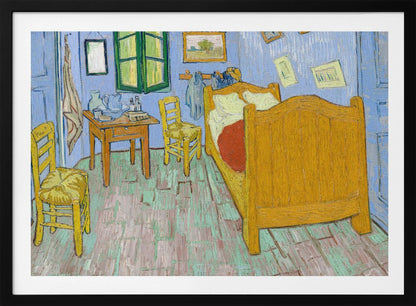 Vincent van Gogh's famous painting, 'The Bedroom,' depicting his room in Arles. The artwork, characterized by bold colors and expressive brushstrokes, features a yellow wooden bed, chairs, a small table against light blue walls, and a green-shuttered window. The painting is displayed in a simple silver frame. Decor