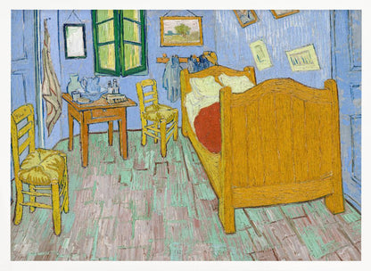 Vincent van Gogh's famous painting, 'The Bedroom,' depicting his room in Arles. The artwork, characterized by bold colors and expressive brushstrokes, features a yellow wooden bed, chairs, a small table against light blue walls, and a green-shuttered window. The painting is displayed in a simple silver frame. Decor