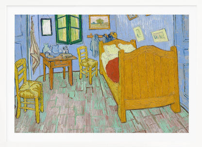 Vincent van Gogh's famous painting, 'The Bedroom,' depicting his room in Arles. The artwork, characterized by bold colors and expressive brushstrokes, features a yellow wooden bed, chairs, a small table against light blue walls, and a green-shuttered window. The painting is displayed in a simple silver frame. Decor